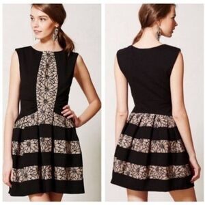 Eva Franco Anthropologie Strata Black Tan Floral Lace Fit and Flare Dress Size 6